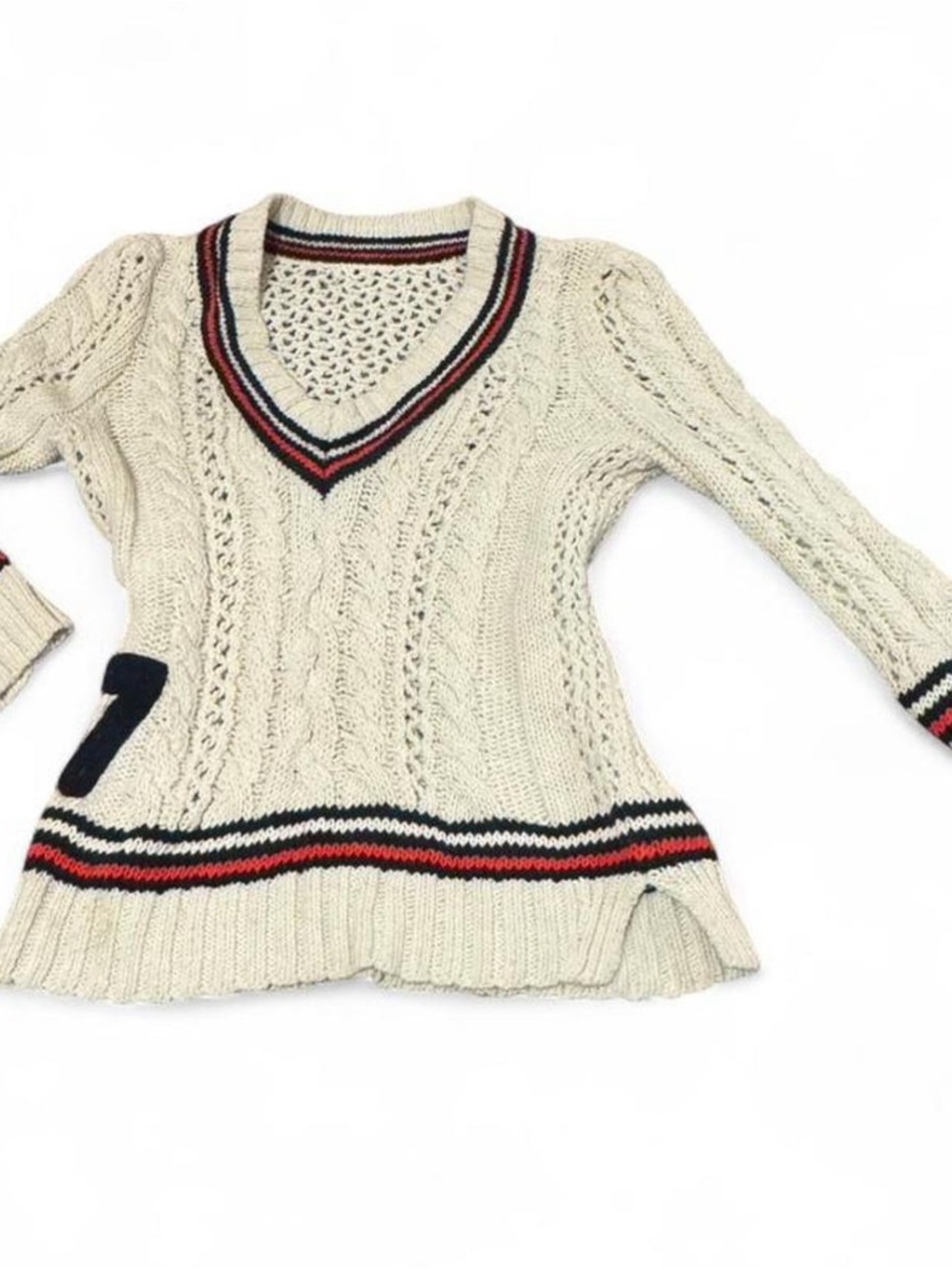 Juicy Couture Cream Cable Knit V-Neck Sweater with Navy and Red Trim